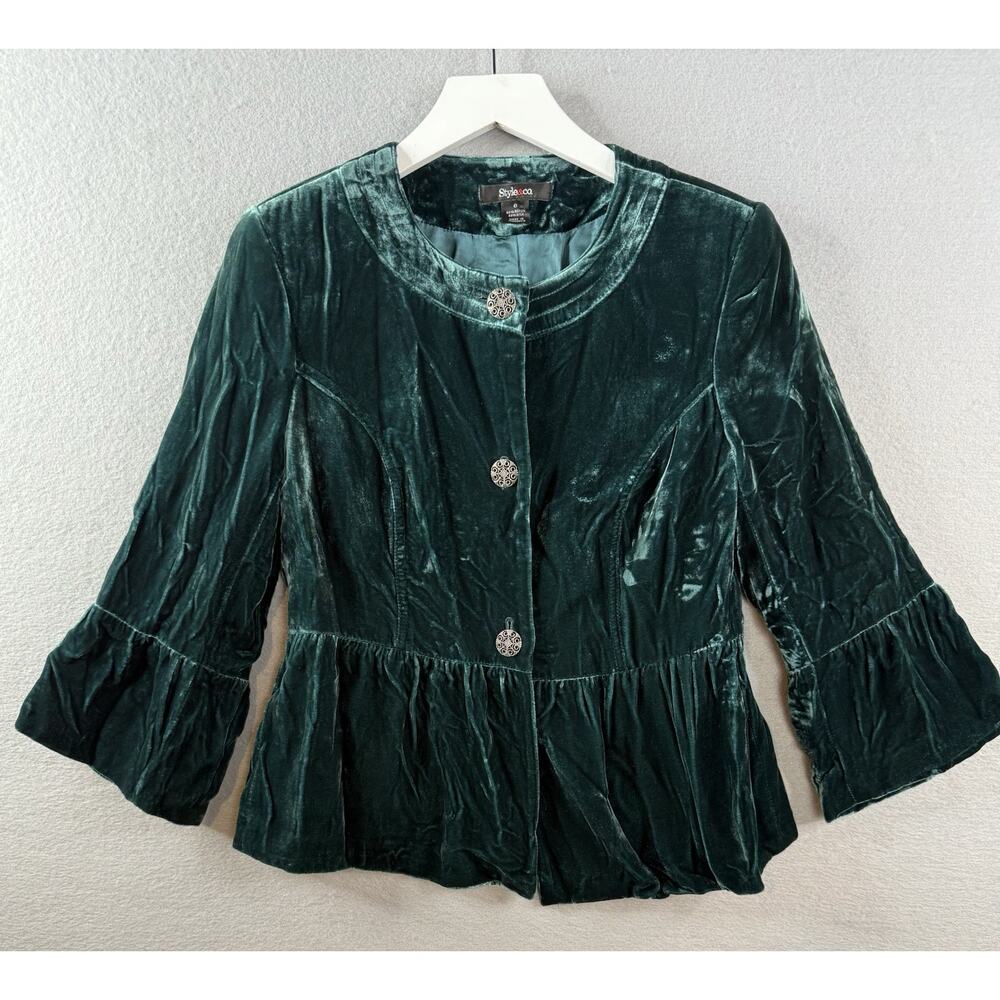 Style & Co Velvet Jacket Womens Sz 6 S Whimsigoth Emerald Green Peplum Boho‎